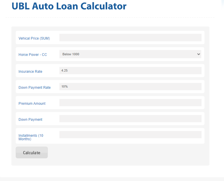 UBL car loan calculator 
