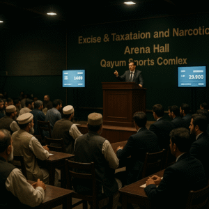 Auction at Arena Hall, Qayum Sports Complex, Peshawar showing officials and bidders during the vehicle number plate sale.