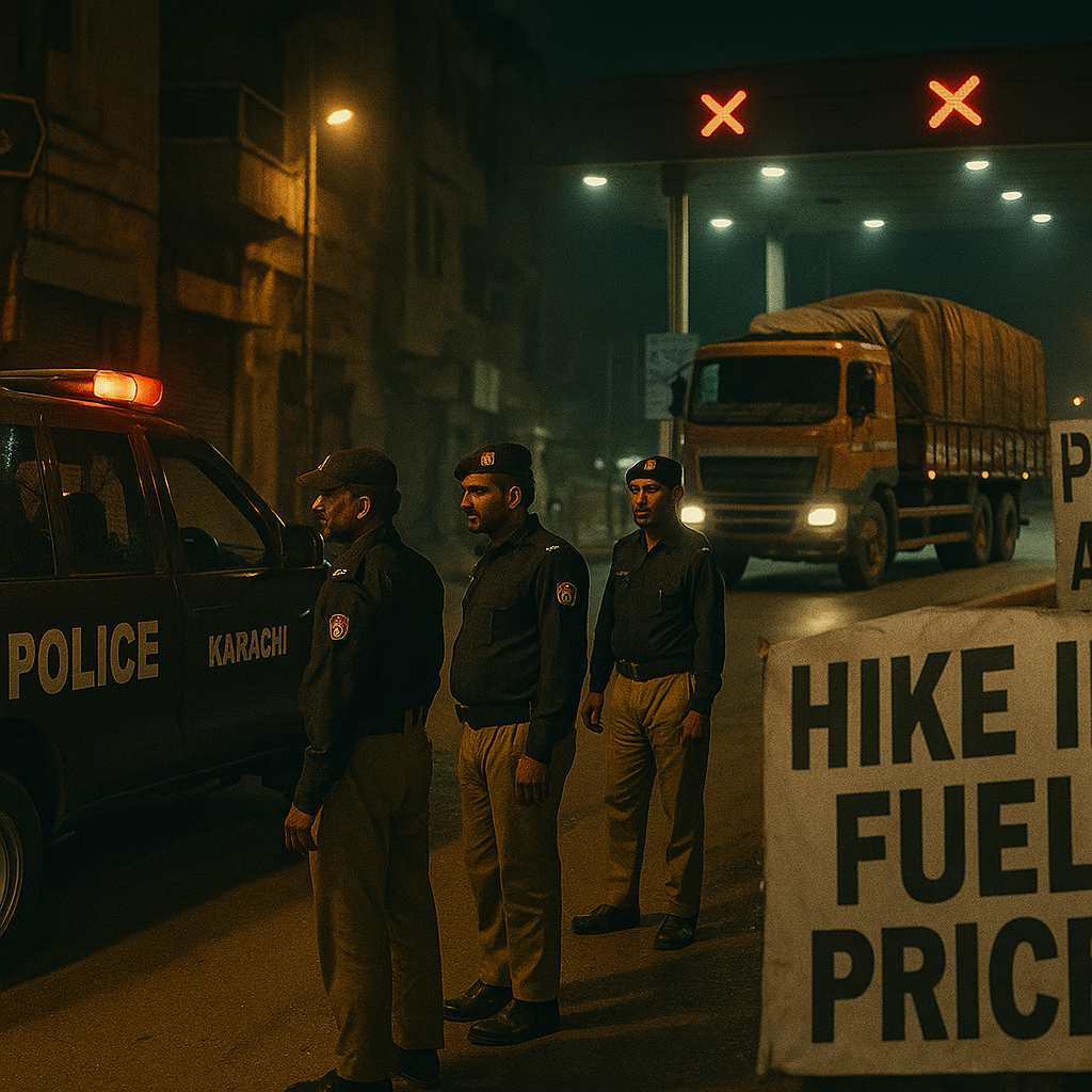 Karachi police near a street scene and a cargo truck at a toll plaza representing arrests and transport fare rise.