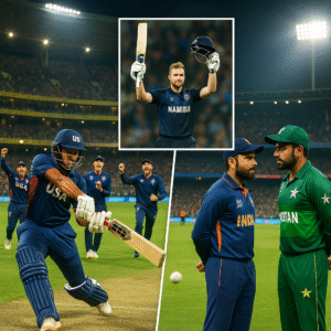 Composite: USA batsman hits shot in Chennai, Namibia's Louren Steenkamp celebrating fifty, India and Pakistan captains not shaking hands.