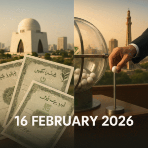 Prize bonds and balloting equipment with Karachi and Lahore skylines, dated 16 February 2026