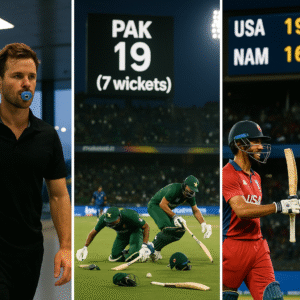 Composite image: Lockie Ferguson leaving airport, Pakistan batting collapse in Colombo, and USA vs Namibia scoreboard from Chennai match.