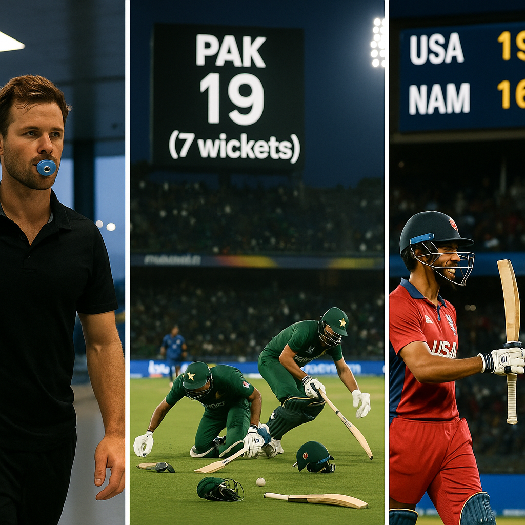 Composite image: Lockie Ferguson leaving airport, Pakistan batting collapse in Colombo, and USA vs Namibia scoreboard from Chennai match.