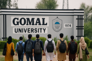 Students walking towards Gomal University