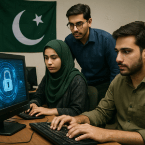 Students engaged in cybersecurity training session.