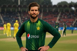 Cricketer in green uniform, confident stance.