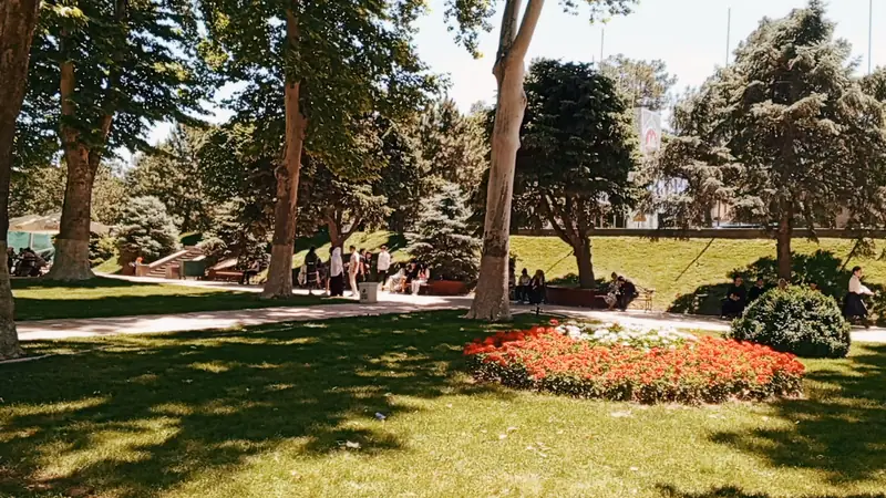 Green park and flower beds in central Samarkand, Uzbekistan